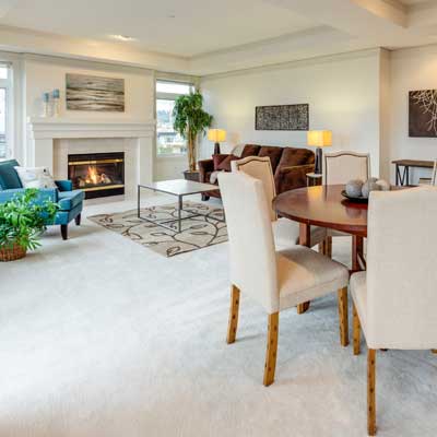 Living Dining Area Fireplace Sofa Windows Clean Carpet